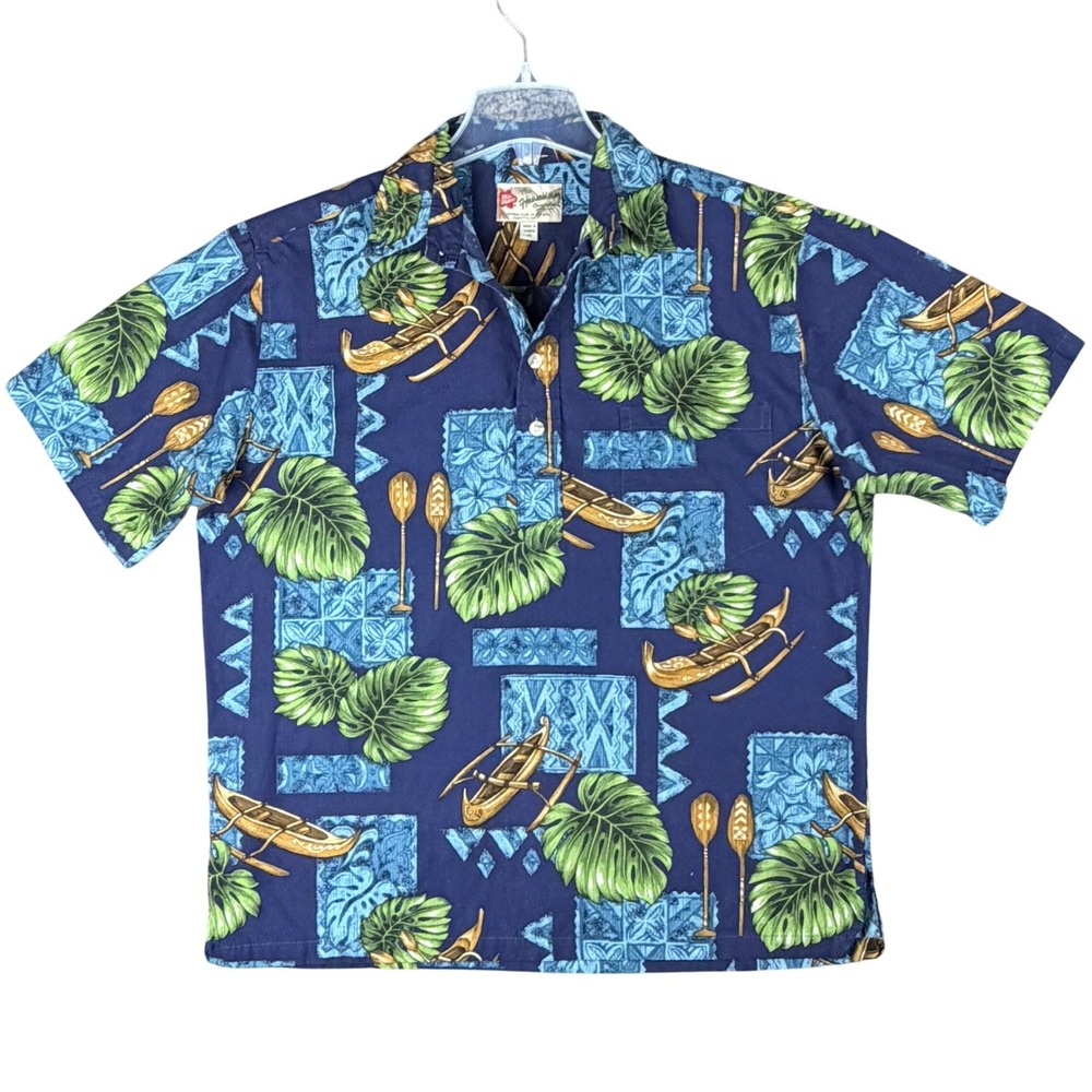Hilo Hattie Hawaiian Original Men's M Navy Blue Shirt Monstera Leaves Canoe Camp